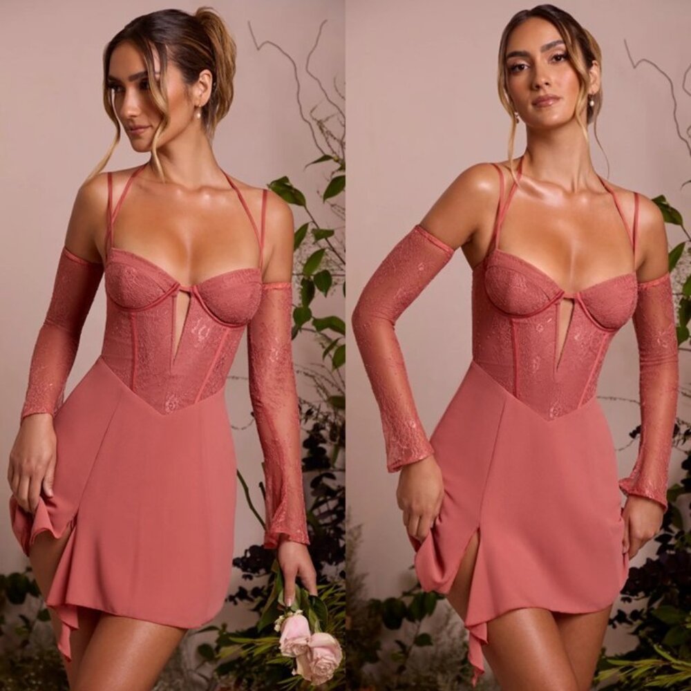 Oh Polly Terracotta Lace Corset 'Maelle' Mini Dress SIZE 4/ SMALL (Plus Cup)
